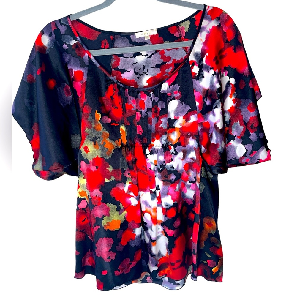 Women’s 100% SILK Blouse Black,White & Red floral super soft  by Matty M size S